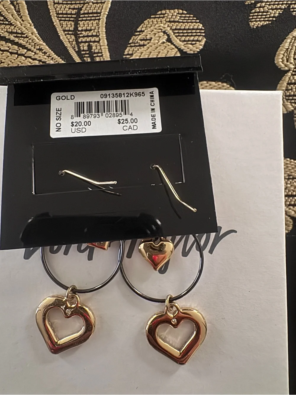 BCBGeneration Gold and Black Heart Hoop Dangle Earrings